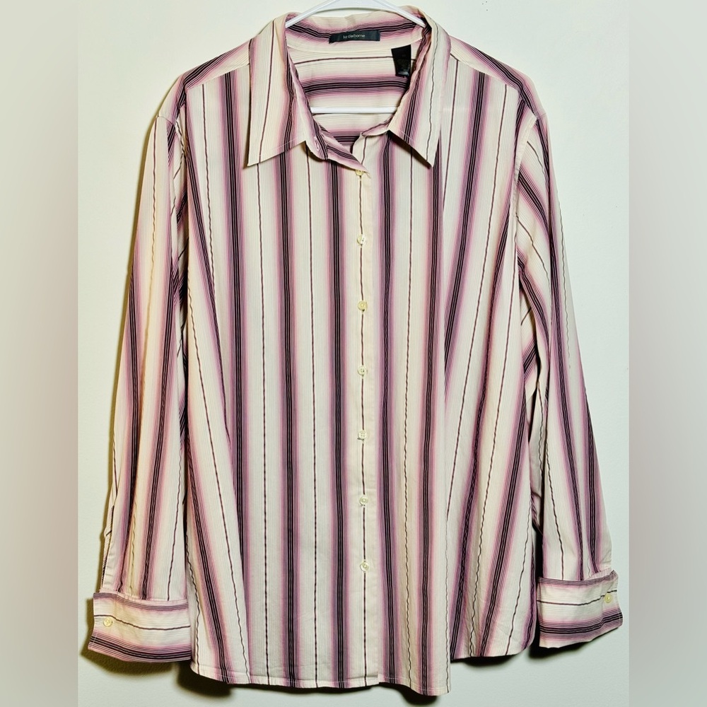 LIZ CLAIBOURNE Pink Maroon & White Striped Button Down Blouse 3X